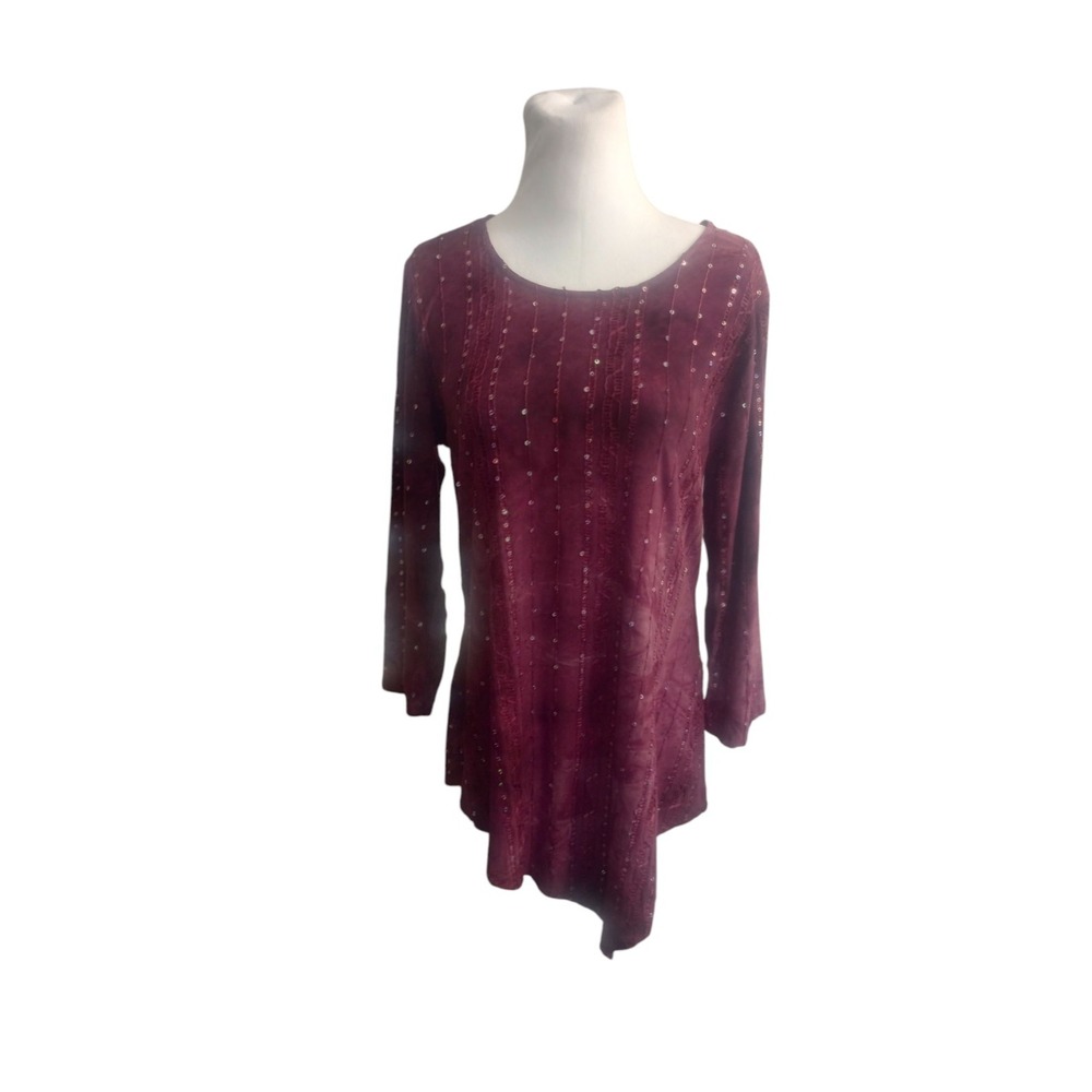 Cocomo Top  M  Blouse Burgundy Sequins Flowy Whimsigoth Fairy Artsy Stretch Y2k